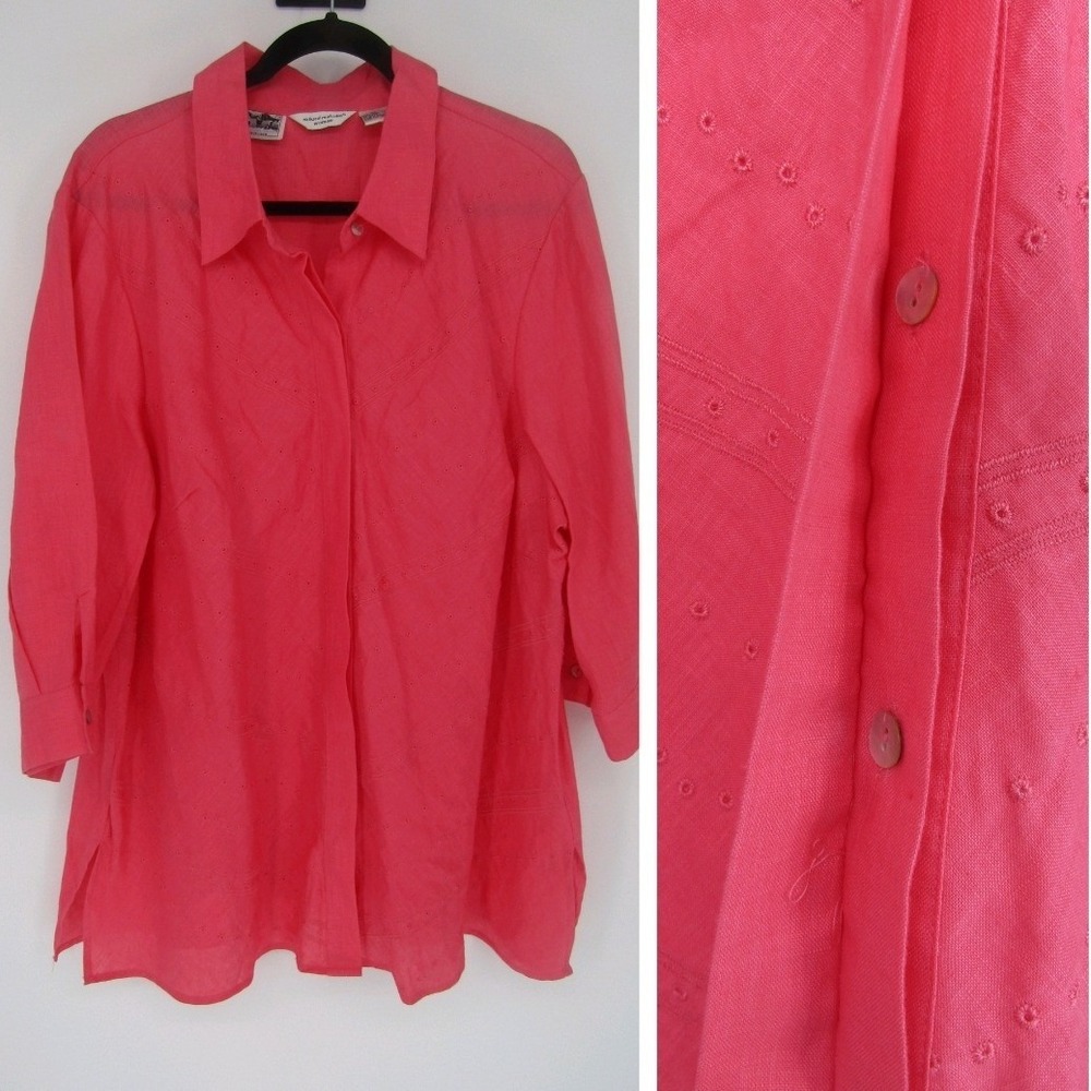 Richard Malcolm Woman Button Down Shirt 3X Pink Irish Linen Eyelet Boho Lace